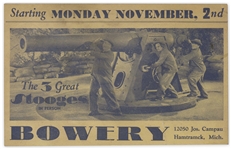 Promotional Flyer From 1936 for a Three Stooges Show at the Bowery in Hamtramck, Michigan -- With Doodle on Verso -- Measures 8.25 x 5.25 -- Closed Tear at Bottom, Overall Very Good